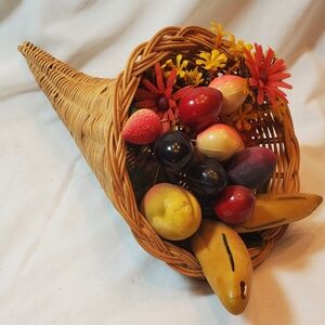 Vintage Cornucopia Horn Of Plenty With Fruit Flowers Harvest Fall Autumn